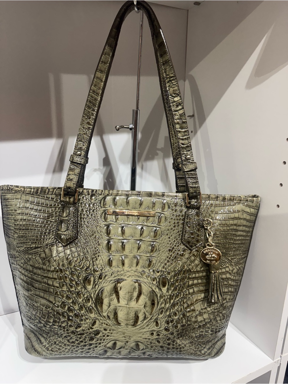 Brahmin Olive Croc-Embossed Tote with Gold Accents